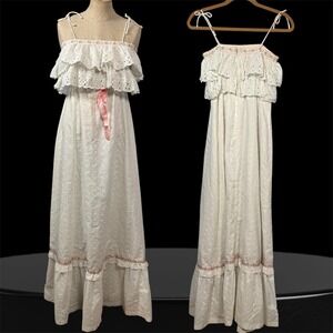 NWT VTG Vicky Vaughn XS‎ White Eyelet Maxi Sun Dress Ruffle Cottage Boho Prairie